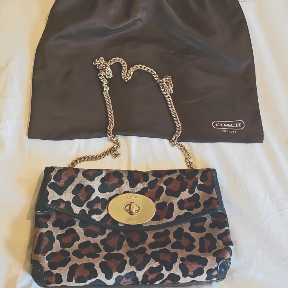COACH OCELOT LEOPARD BROWN/TAN/BLACK CALF HAIR TURN LOCK CLUTCH BROWN/MULTI $595